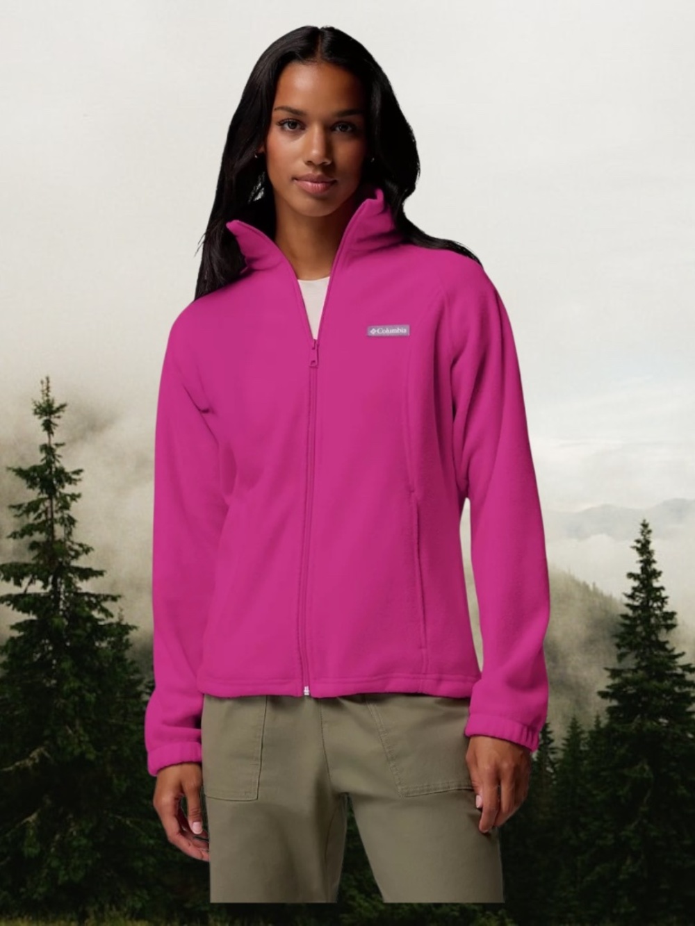 COLUMBIA FullZip M Fuchsia Pink Fleece Long Sleeved Jacket Embroidered Logo VGUC